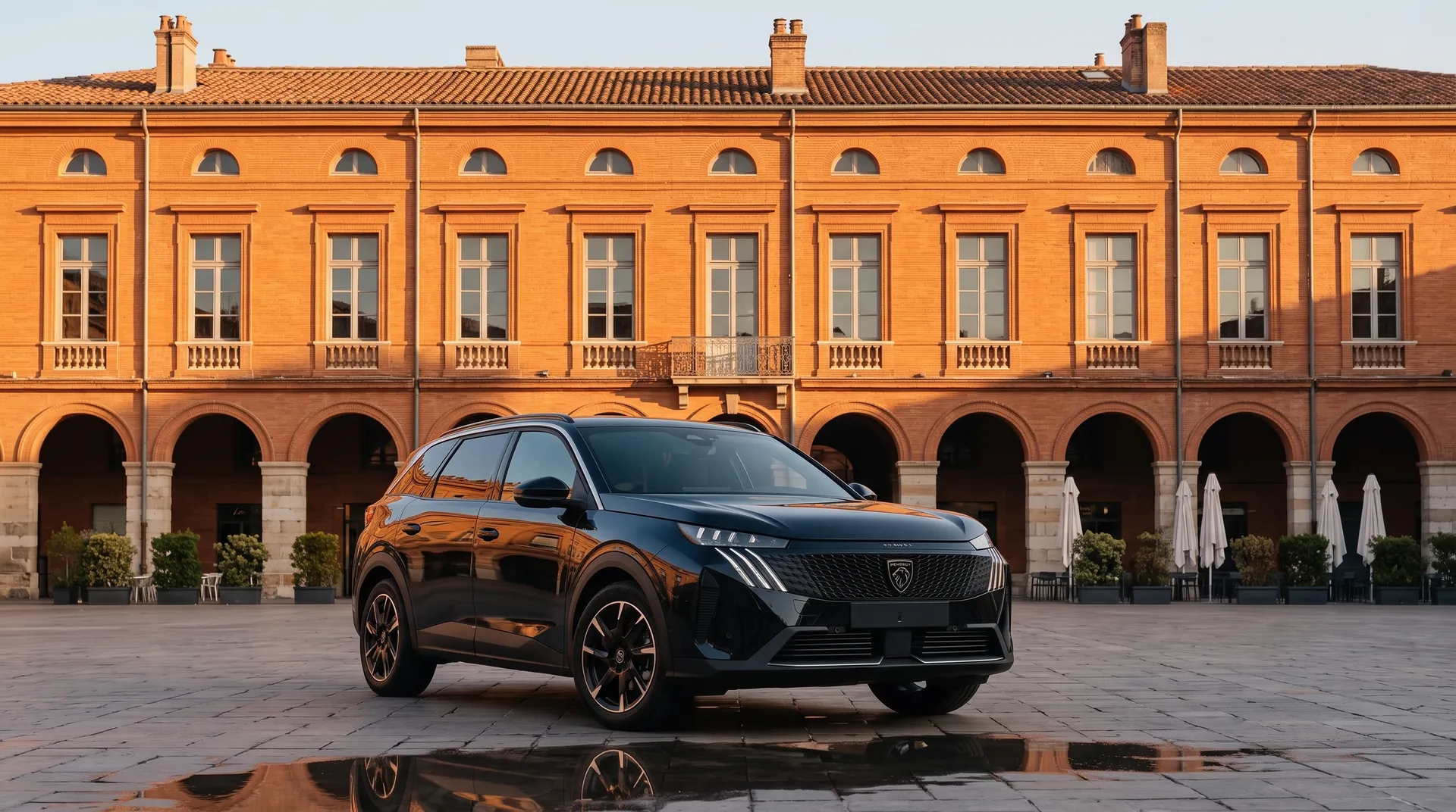 Le véhicule AMR Chauffeur sur la place Nationale de Montauban, sous les arcades de brique, au soleil couchant