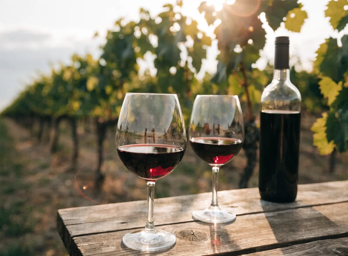 Illustration&nbsp;: deux verres de vin rouge et une bouteille sur une table, vignes en fond dor&eacute;